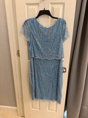 Adrianna Papell Sky Blue Beaded Midi Dress with Embellished Overlay